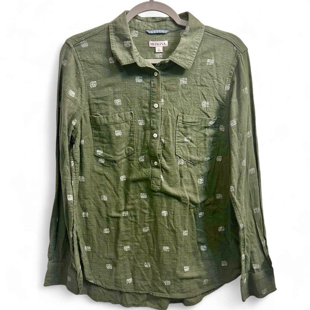 Olive green elephant print popover tunic blouse